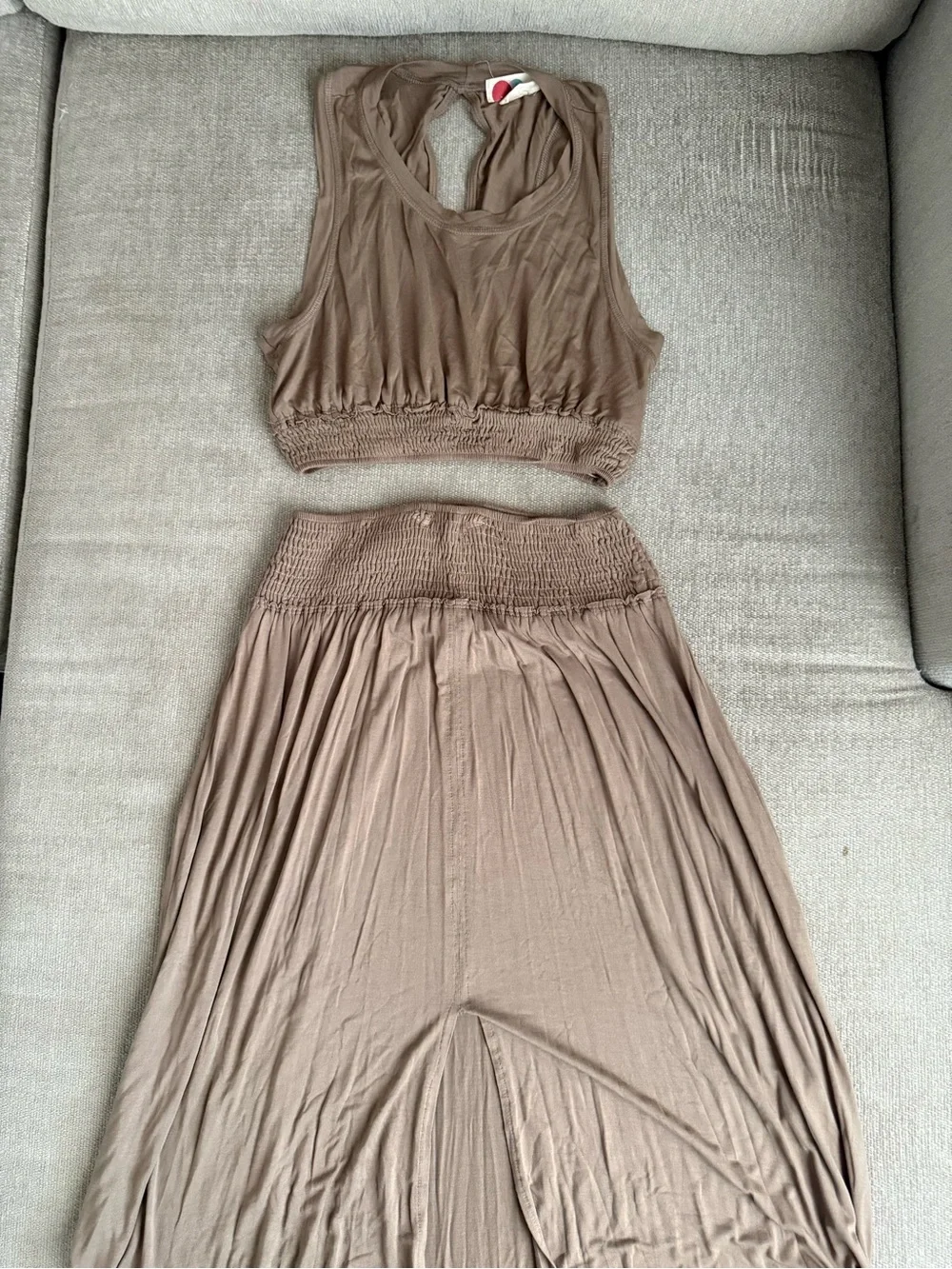 Free People Taupe Two-Piece Crop Top and Maxi High Low Skirt Set